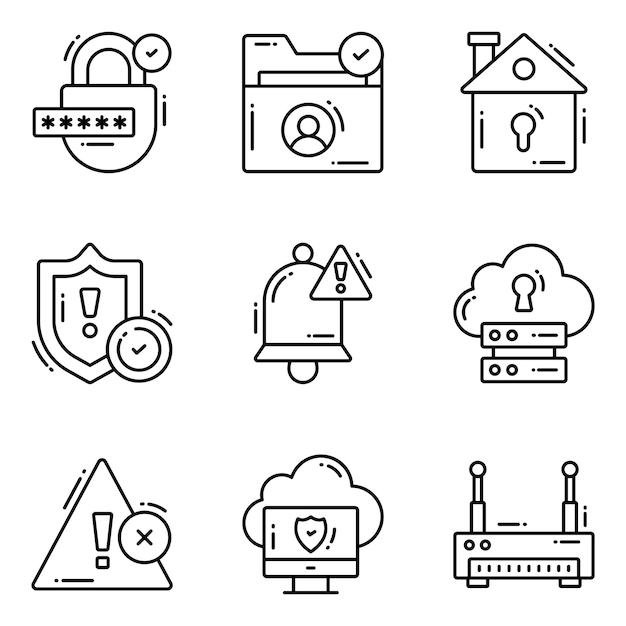 Protection and security vector line icons set cyber computer network business data technology