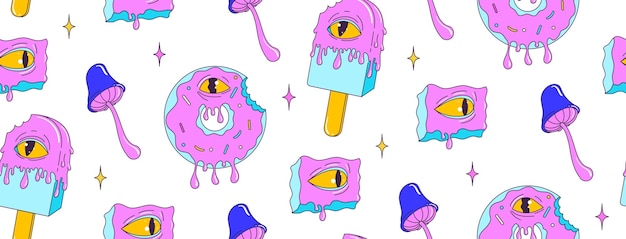 Psychedelic seamless pattern with weird cartoon dessert character and elements