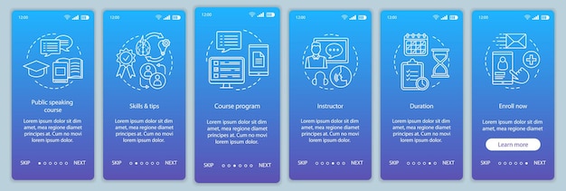 public speaking skill course onboarding mobile app page screen vector template