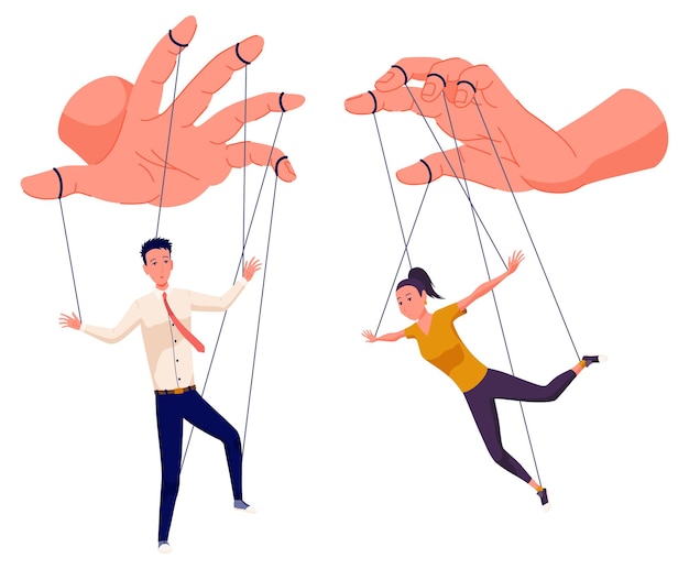 Puppeteer hands controlling puppets manipulator concept worker being controlled by puppet master