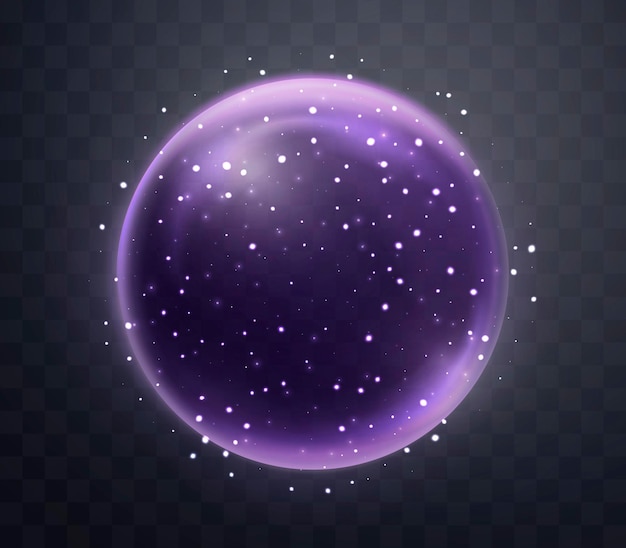 Purple magic fantasy sphere Crystal ball with glowing sparkles and particles Energy orb