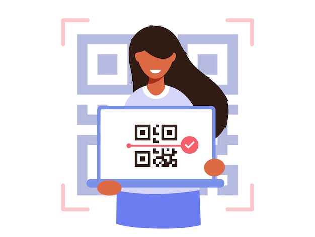 qr code scanning vector illustration concept a girl holding a laptop with a qr code on the screen