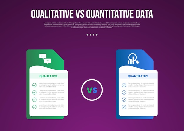 qualitative vs quantitative data infographic outline style with 2 point comparison template with creative table box with folder style stack for slide presentation