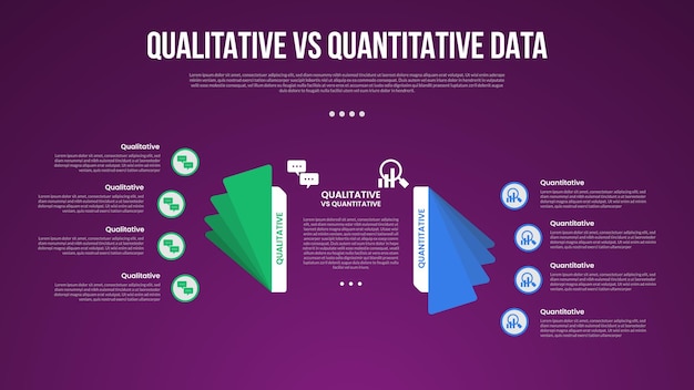 qualitative vs quantitative data infographic outline style with 2 point comparison template with flip paper style with gradient color for slide presentation