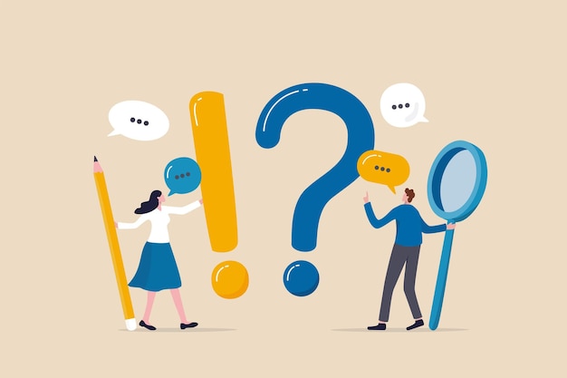 Question and answer FAQ frequently asked questions or problem solving solution or support idea concept businessman and woman with exclamation mark question mark with speech bubble conversation