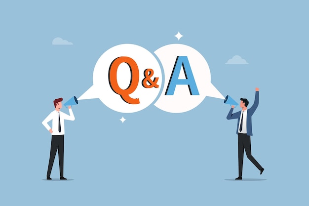 question and answer session or qa faq or frequently asked questions two businessmen are shouting on megaphone as q and a on speech bubble information to solve problem