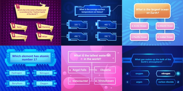 quiz interface trivia question ui layout quizzing answer screen for game quizzes test and exam multiple choice interface design vector modern quizzes layout frame set