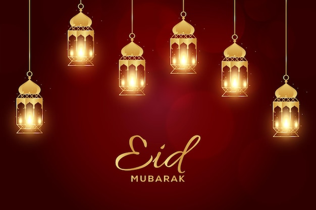 Ramadan Kareem and Eid Mubarak beautiful Islamic design with red background and golden lanterns