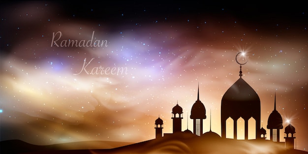 Ramadan Kareem background. Religion Holy Month. Caligraphy. Light moon. Clouds. Temple with domes. Old Muslim city.