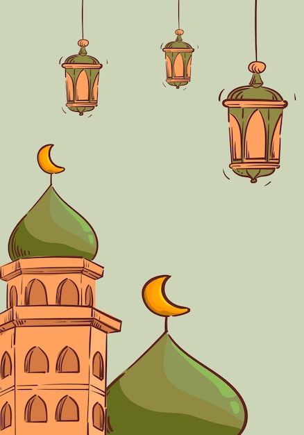 Ramadan Kareem or Eid Mubarak Islamic icon with mosque lantern lamp cressent moon vector design