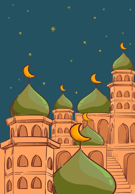 Ramadan Kareem or Eid Mubarak Islamic icon with mosque lantern lamp cressent moon vector design