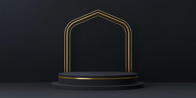 Ramadan podium golden Islamic arch on black stage