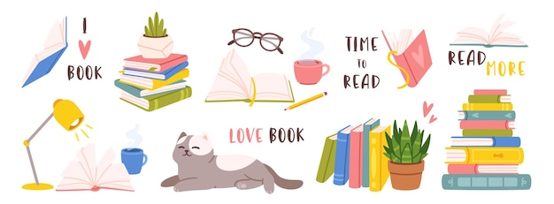 reading and book cartoon colorful elements reading lovers open books stack book cozy atmosphere houseplant sleeping cat glasses cup of tea vector set