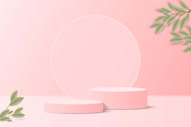 realistic 3d pink cylinder podium pedestal stand with tree branch leaf and round glass shape