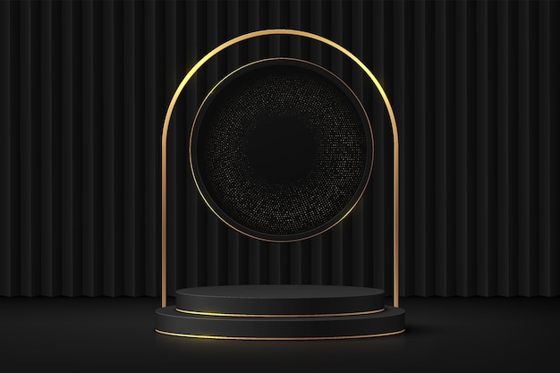 Realistic black and gold 3D cylinder pedestal podium with luxury golden ring and shiny glitter
