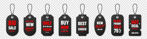 Realistic black price tags collection special offer or shopping discount label retail paper sticker