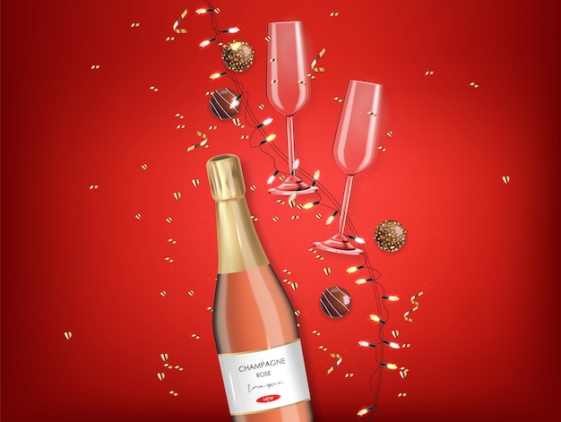 Realistic chocolate, rose champagne and lights, gold confetti, valentines day, party , red background, love concept