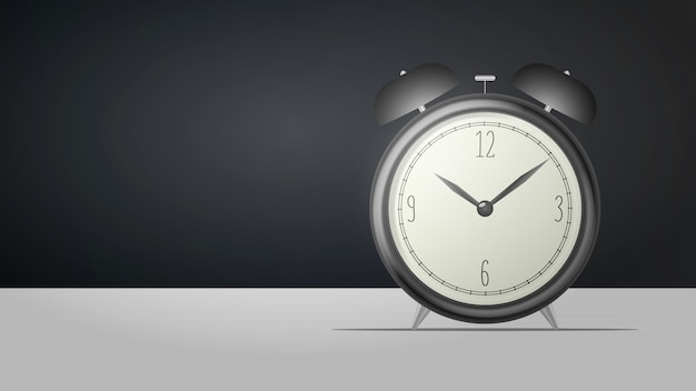Realistic desk clock. Black retro alarm clock stands on the table. Retro watch. illustration