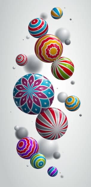 Realistic glossy spheres vector illustration smartphone background, abstract wallpaper for phone with beautiful balls with patterns and depth of field, 3D globes design concept art.