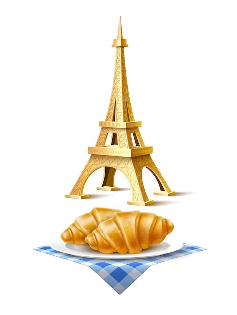 Realistic golden Eiffel tower and french croissant