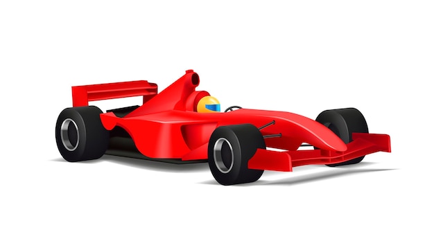 realistic illustration of red sport bolide car with driver in yellow helmet and with black tyres