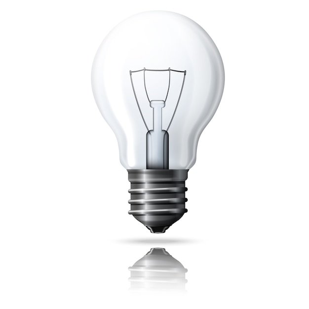 Realistic light bulb isolated on white background with reflection.