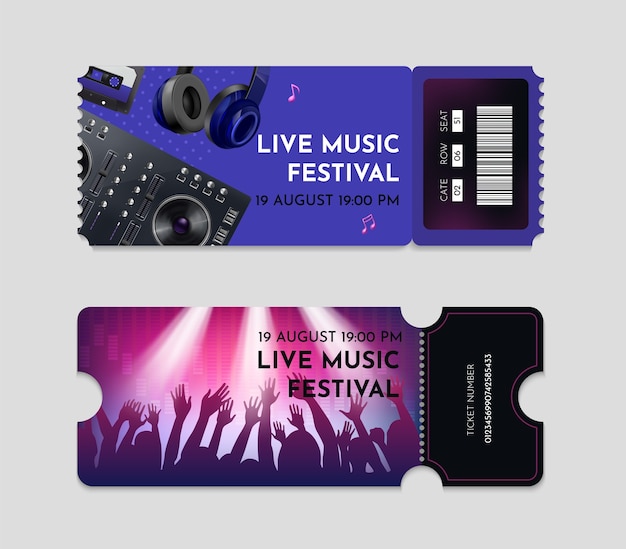 Realistic music concert ticket template set