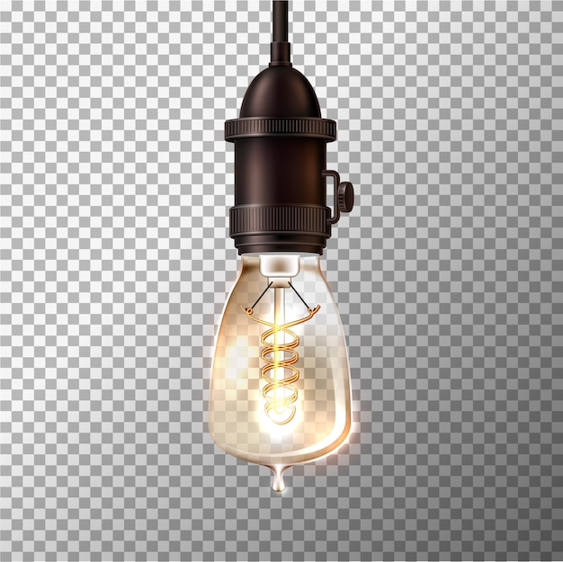 Realistic retro light bulb on transparent background. glowing vintage lamp in steam punk style.