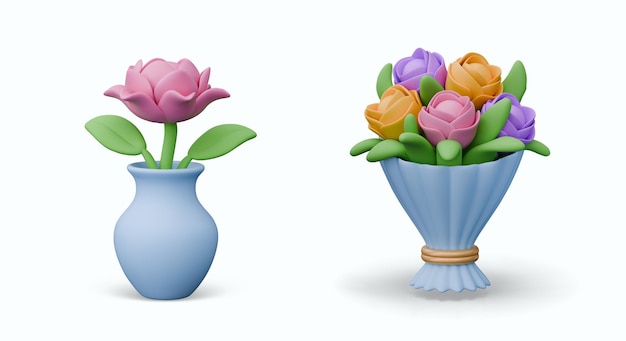 Realistic rose peony in blue vase bouquet of flowers in paper wrapper