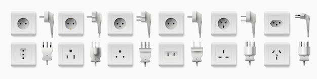 realistic socket and plug electricity chargers and adapters 3d white plastic interior elements different types home details electrical circuit connector vector isolated electric outlets set