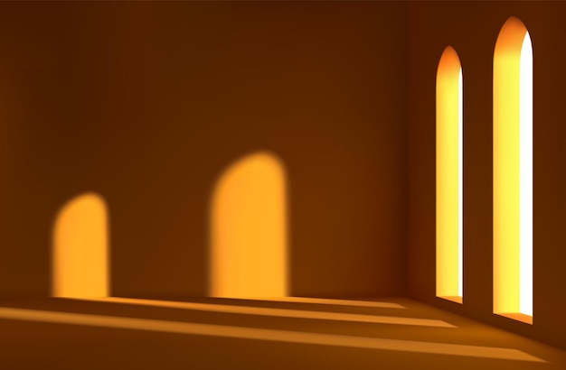 realistic spacious 3d room with large windows. empty room falls shadow of sunlight. vector illustration