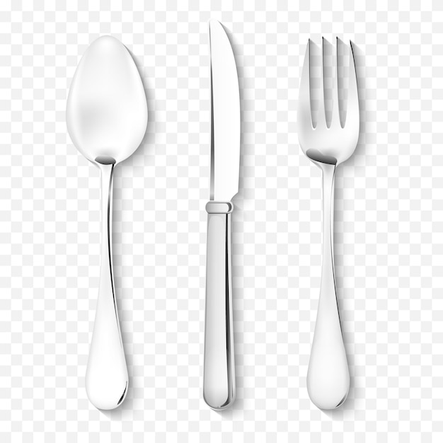 Realistic spoon knife fork with shadow on a transparent background