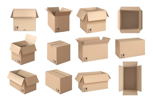 Realistisk brun boks Postemballasje åpne bokser frakt pappcontainere og levering mockup vektor sett