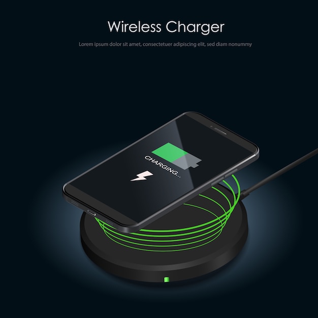 Realistisk svart smarttelefon som lader batteri på ladeplate.