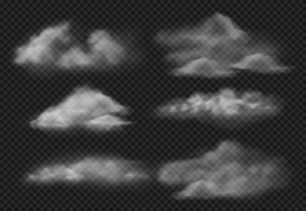 Realistisk tåke. Damp tåkeskyer, røyksky og vanndamp tåke illustrasjonssett