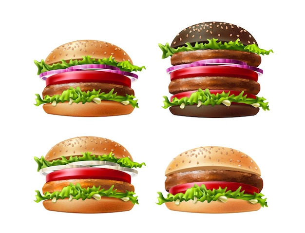 Realistiske burgere sett. Deilige hamburgere, cheeseburgere med grønnsaker. Amerikansk diner mat.