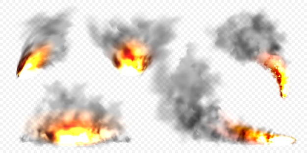 Realistiske, svarte skyer av røyk og eksplosjonsstrøm av flammer fra brennende objekter