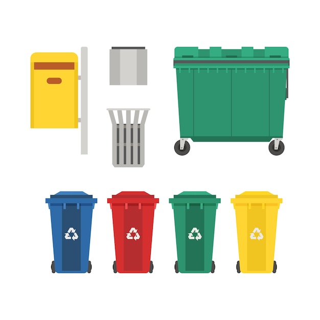 Recycling and garbage cans collection. City trashcan set with wheeled dumpster or trash container, recycle bins and waste basket.