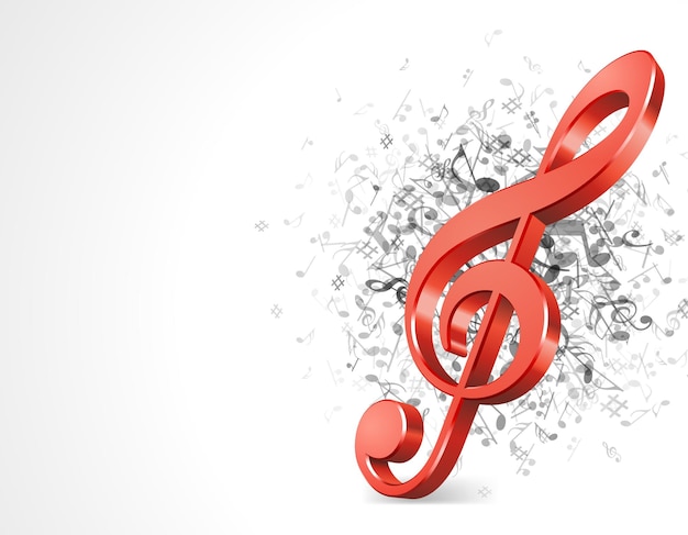 Red 3d treble clef on abstract music vector background Fireworks made of colored notes is symbol classical conservatory and modern music