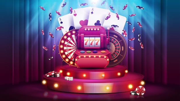 Red cartoon podium with Casino elements and bulbs lights
