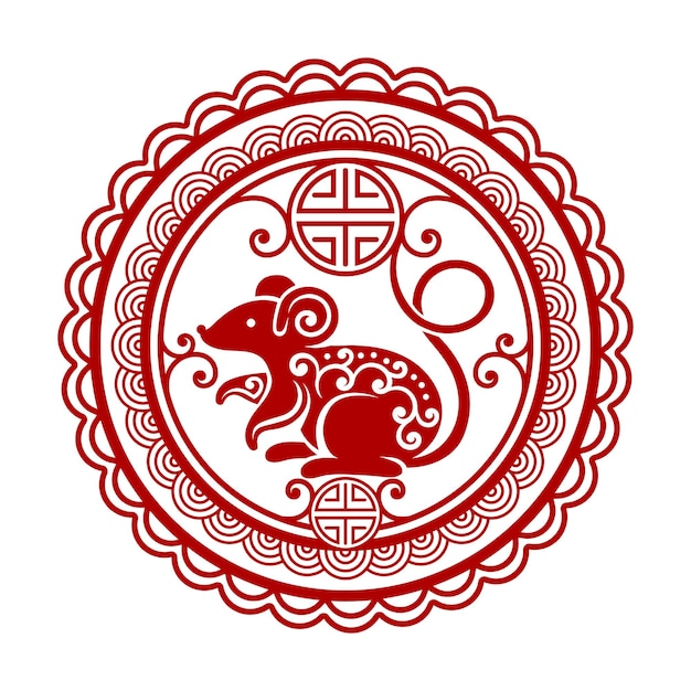 Red circle with wavy edges and a silhouette of a mouse inside in traditional Chinese style of cut paper New Years horoscope Vector illustration