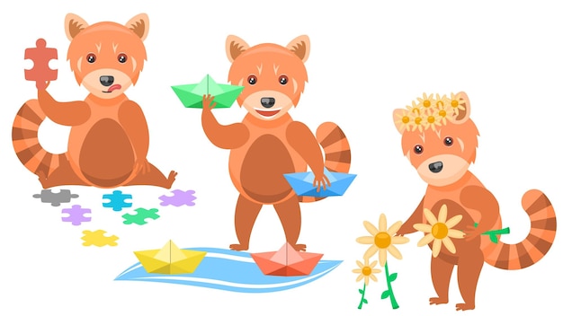 Red Pandas Picking Flowers, Collects Puzzles, Launches Paper Boats In The Stream Vector