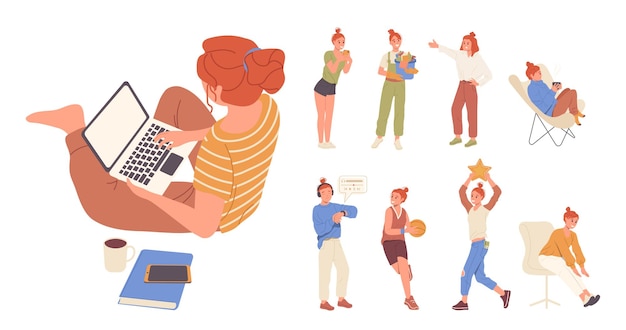 Redhaired woman cartoon character set lifestyle activities daily life schedule leisure and work