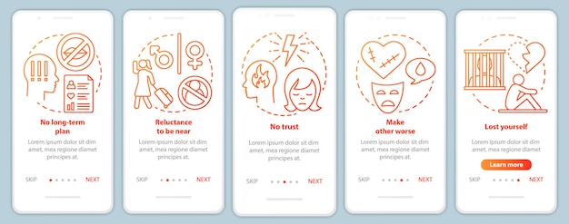 Relationship in trouble onboarding mobile app page screen with linear concepts No longterm plan walkthrough steps graphic instructions UX UI GUI vector template with illustrations