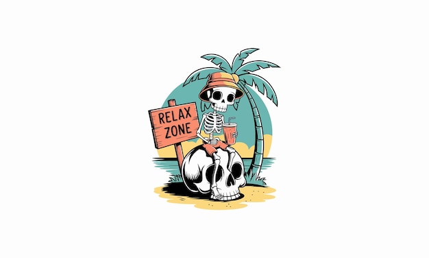 Relax zone logo with skeleton on beach and tropical vibe