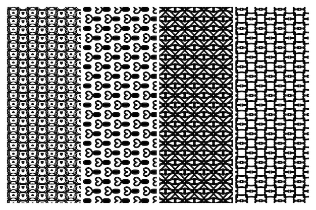 repeating geometric patterns in black and white forming various textures