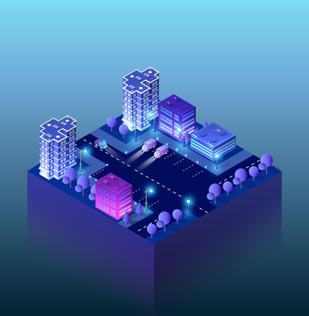 Residential town night city urban 3D illustration of neon ultraviolet