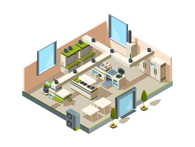 Restaurant kitchen. Cafe interior with furniture equipment for cooking and making food steel tables refrigerators ovens  isometric