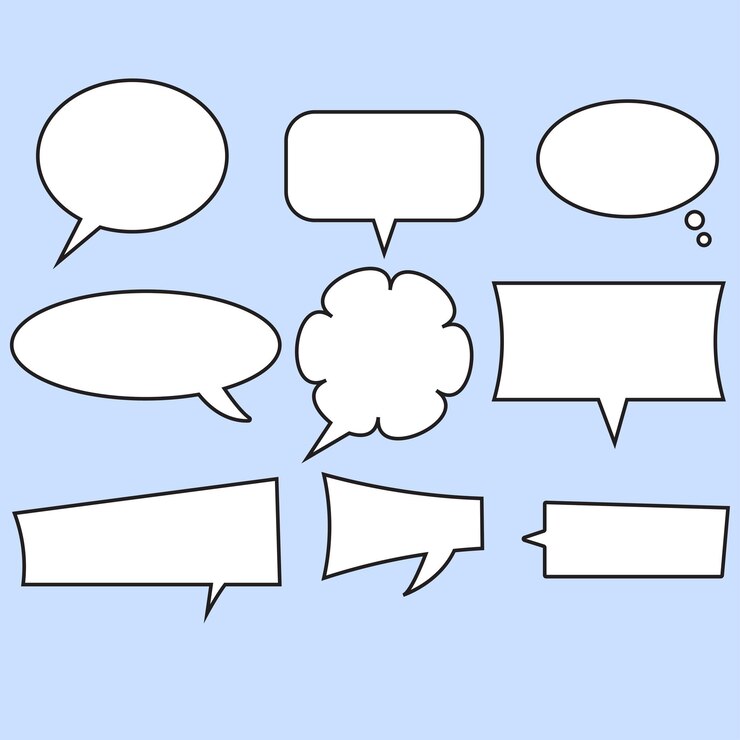 Retro empty comic bubbles and elements set with black halftone shadows on transparent background Ve