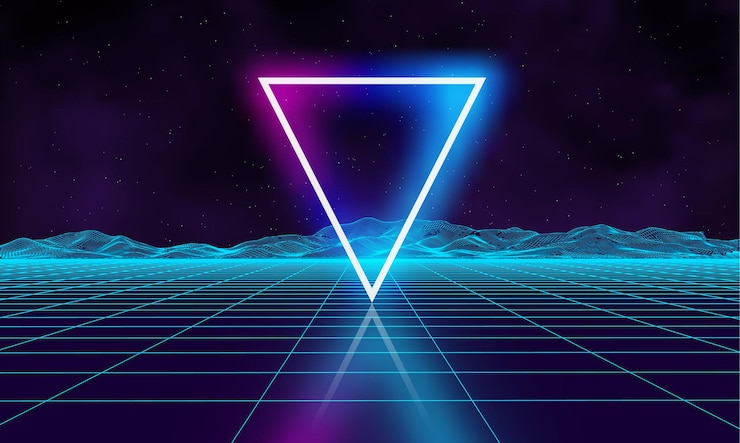 Vektor retro futuristic background for game. music 3d dance galaxy poster. 80s background disco. neon triangle synthwave digital wireframe landscape with palms. space vector.